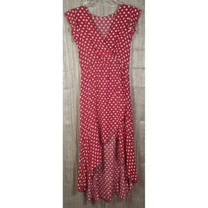Red Polka Dot Flutter Sleeve V Neck Ruffle Hem High Low Slit Dress Flamenco - S
